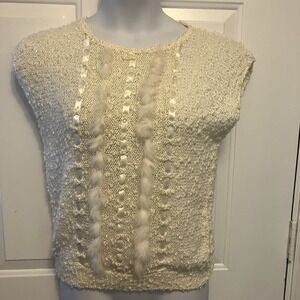 Vintage Jack Winter Sz Medium Popcorn Knit Faux Fur Ribbon Ivory Sweater Chunky